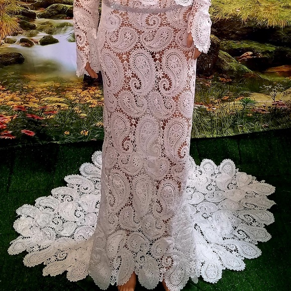 SAMPLE GOWN SET ONLY- CREE Boho White Crochet Mermaid Wedding Gown Set - Picture 5 of 14